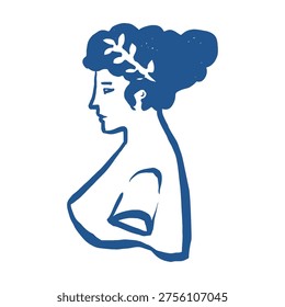 Vector illustration of an ancient Greek woman's head in profile, vector line clip art. Sketch-style goddess statue in blue.