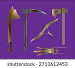   Vector illustration of ancient Indian weapons from the Indus Valley Civilization (circa 3000–1500 BC) and early historical period. Features the massive curved Kora sword, Jaggail battle mace, double