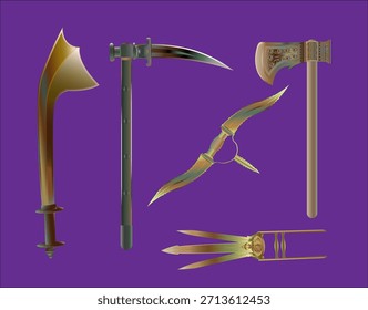   Ilustração vetorial de antigas armas indianas da Civilização do Vale do Indo (cerca de 3000-1500 a.C.) e início do período histórico. Apresenta a espada Kora curvada maciça, Jaggail batalha mace, duplo