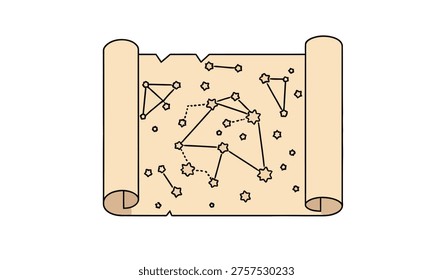 Vector illustration of an ancient map of the stars, depicting constellations and celestial bodies on aged parchment paper with a torn edge, symbolizing discovery and exploration
