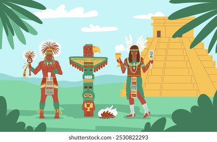 Ilustração vetorial de uma antiga tribo maia com objetos rituais em suas mãos ao lado de um ídolo na forma de um pássaro e contra o fundo de um templo antigo