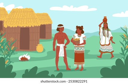 Ilustración vectorial de la antigua aldea maya o azteca con personajes y chozas. Las Personas en ropa tradicional cosechan y cocinan alimentos. Vida y vida cotidiana de una antigua civilización. Estilo plano.