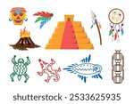 Vector illustration of ancient Mayan civilization. Cartoon scene of Mayan civilization: step pyramid in Chichen Itza, masks, spear, bonfire, dream catcher,ethnic patterns: turtle, rat, fish, beetles.