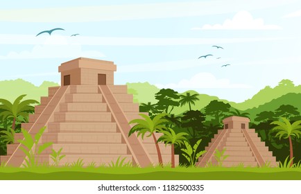 Vector Illustration of ancient Mayan pyramids in the jungle in daytime in flat cartoon style.