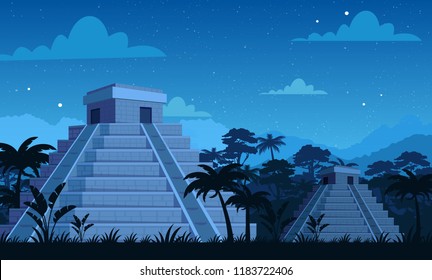 Vector illustration of ancient Mayan pyramids in night time with tropical plants, jungle and sky background in flat cartoon style.