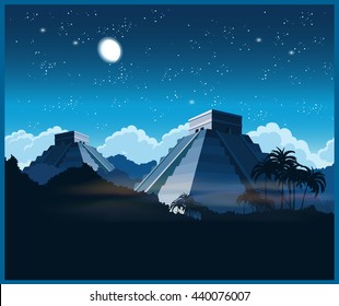 Dibujo vectorial de las antiguas pirámides mayas en la selva por la noche