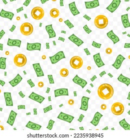 Vector illustration of Ancient money. Random pattern of banknotes and coins in green and gold colors on transparent background (PNG). 