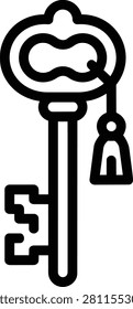 Vector illustration of an ancient ornate iron key isolated on white background. Vintage antique metal skeleton key for security or mystery concept.