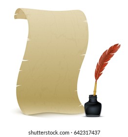 Vector illustration of Ancient parchment with feather and inkwell