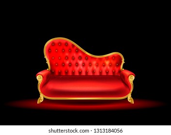 Vector illustration of an ancient red royal throne isolated on dark background in realistic style. Gilded antiquarian armchair, exclusive old carved furniture with velvet seat.