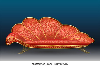 Vector illustration of an ancient red royal throne isolated on dark background in realistic style. Gilded antiquarian armchair, exclusive old carved furniture with velvet seat.