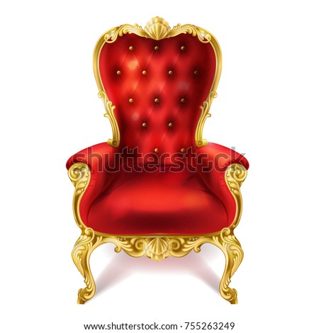 Vector illustration of an ancient red royal throne isolated on white background in realistic style. Gilded antiquarian armchair, exclusive old carved furniture with velvet seat.