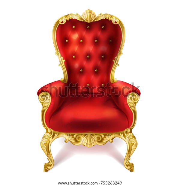 白い背景にリアルなスタイルの古代の赤い王座のベクターイラスト 金色の古びた肘掛け椅子 高級な彫刻の家具とビロードの座席 のベクター画像素材 ロイヤリティフリー
