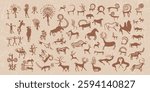 Vector illustration of ancient rock carvings in Kazakhstan. A large collection of petroglyphs from Central Asia. Primitive silhouettes of people and animals, hunting scenes and everyday life
