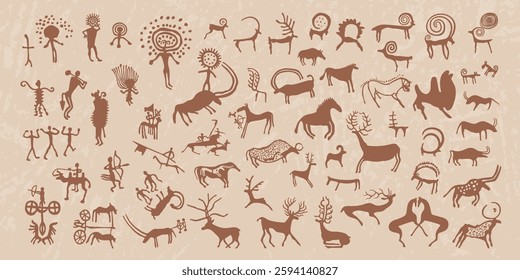 Vector illustration of ancient rock carvings in Kazakhstan. A large collection of petroglyphs from Central Asia. Primitive silhouettes of people and animals, hunting scenes and everyday life