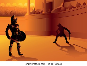 Vector Illustration Of Ancient Rome Gladiators In The Arena