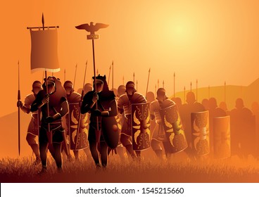 Vector illustration of ancient Rome legionary march in the grass field
