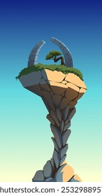 Vector illustration of ancient ruins on a strangely shaped fantasy island suitable for smartphone wallpaper