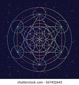 vector illustration of ancient sacred geometry symbol flower of life in spectrum colors on night sky background