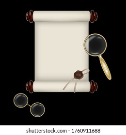 Vector illustration of ancient scroll vintage paper rolled into a roll with a magnifying glass and glasses pince-nez