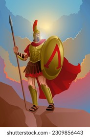 Vector illustration of ancient spartan warrior wearing armor and red cloak on the rock with dramatic cloudscape as the background