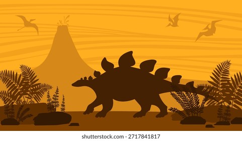 Ilustración vectorial con Stegosaurus y Pterodactyls. Silueta de dinosaurios en el paisaje de la naturaleza - erupción del volcán y helechos prehistóricos.
