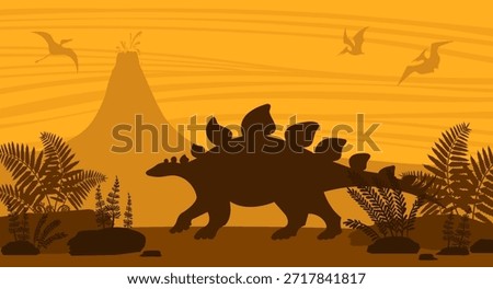 Vector illustration with ancient stegosaurus and pterodactyls. Silhouette of dinosaurs on nature landscape - eruption volcano and prehistoric ferns.