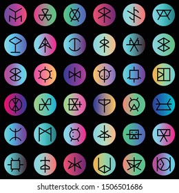 vector illustration of ancient symbols alphabet on blurry colorful circle gradient backgrounds 