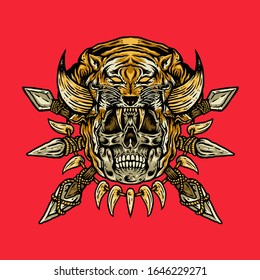 Vector Illustration Ancient Tiger Hunter Skull
