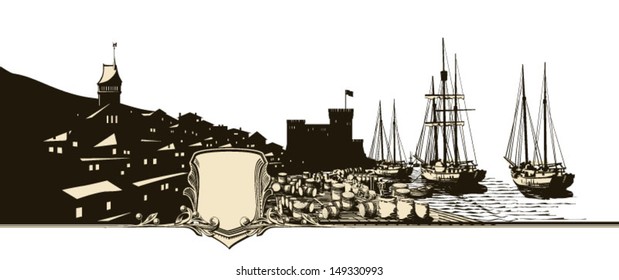 Vector Illustration Of An Ancient Trading Port With Sailing Ships At Night.