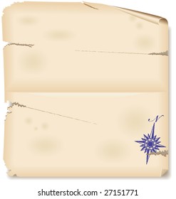 Vector illustration of an ancient treasure map scroll with compass rose.