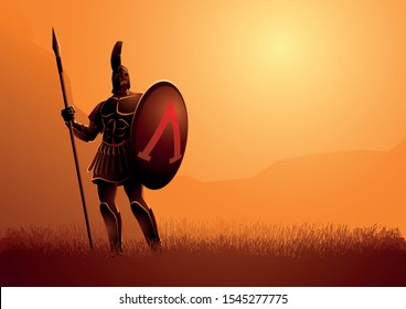 Vector illustration of ancient warrior with his shield and spear standing gallantly on grass field