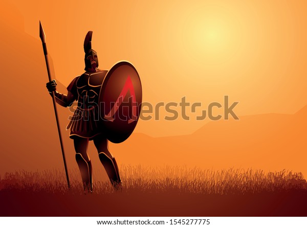 Vector illustration of ancient\
warrior with his shield and spear standing gallantly on grass\
field