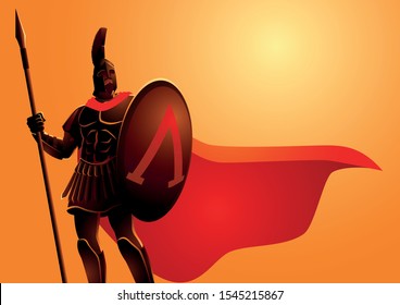 Vector illustration of ancient warrior wearing helmet and red cloak