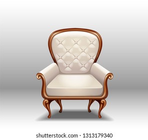 Vector illustration of an ancient white royal throne isolated on white background in realistic style. Gilded antiquarian armchair, exclusive old carved furniture with velvet seat.