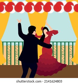 Vector illustration of an Andalusian couple dancing sevillanas in a booth at the April fair. Seville fair, Andalusia, Spain