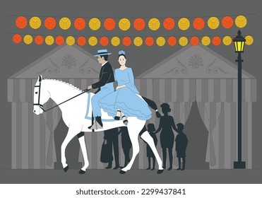 Vector illustration of an Andalusian couple dancing sevillanas in a booth at the April fair. Seville fair,