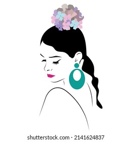 Vector illustration of an Andalusian woman dressed in flamenco dress with a flower in her hair and big earrings