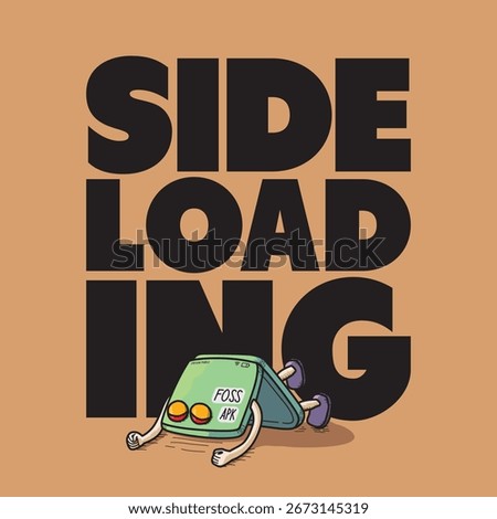 Vector illustration of an android device smart phone character on the floor feeling hopeless with a big side loading words on the background.
