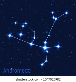 Vector illustration of Andromeda constellation. Astronomical. Cluster of realistic stars in the dark blue starry sky.