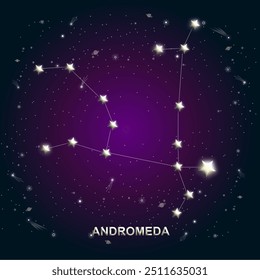 Ilustração vetorial da constelação de Andrômeda em um fundo estrelado, perfeito para astronomia, astrologia e projetos com temática celeste.
