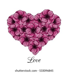 Vector illustration Anemones flowers arranged in a heart shape.