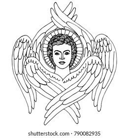 Vector illustration of an angel or an archangel. Angel with six wings and a glory above his head.