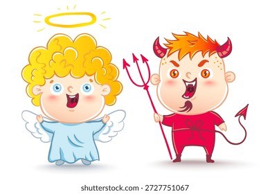 Ilustração vetorial de Angel and devil. Bom e mau. As crianças estão em trajes de anjo e diabo.