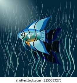 Vector illustration with Angel fish and algae on a background in flat technique 