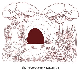 Vector illustration of an angel at the grave of Jesus tells Mary that the Lord is not there, He is risen. The work is done manually. Coloring books antistress for adults and children. Brown and white.