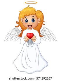 Vector illustration of Angel hair blonde girl present a red heart