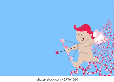 Vector illustration of angel on the blue background. Cupid with arch and arrow.