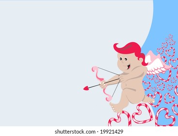 Vector illustration of angel on the blue background. Cupid with arch and arrow.