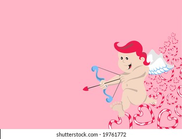 Vector illustration of angel on the red background. Cupid with arch and arrow.